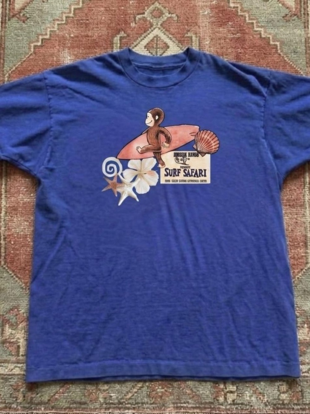 Curious George Surf Safari Beach Shells Flowers Vintage Blue T-Shirt